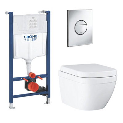 Grohe Euro Alpine White Rimless Oval Wall Hung Toilet With Soft Close Seat & Concealed Cistern