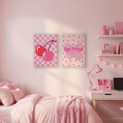 Arthouse Cherry Ribbon Pink Canvas Art, Set Of 2 (H)40Cm X (W)30Cm