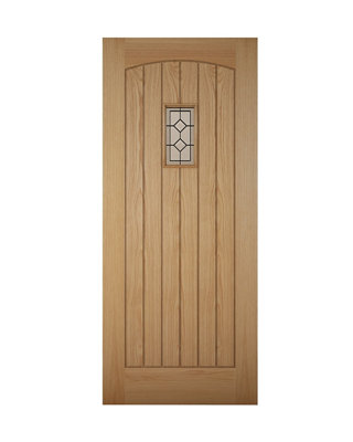 B&Q Diamond Bevel Leaded Glazed Cottage Wooden White Oak Veneer External Front Door, (H)2032Mm (W)813Mm