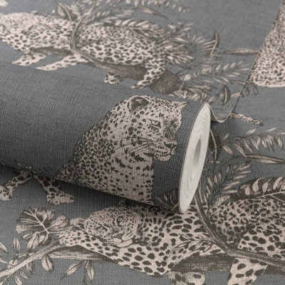 Grandeco Grey Woven Effect Leopard Embossed Wallpaper