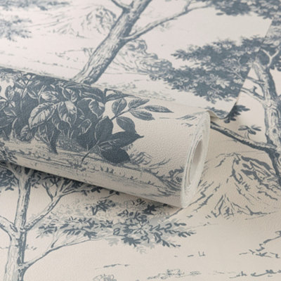 Grandeco Blue Etched Tree Embossed Wallpaper