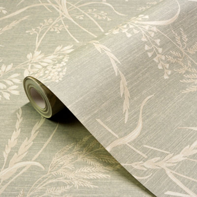 Grandeco Sage Green Grasslands Rustic Smooth Wallpaper