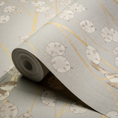 Grandeco Taupe Botanical Gold Effect Contemporary Embossed Wallpaper