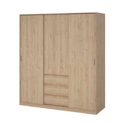 Tvilum Esla Scandinavian Matt Jackson Hickory Oak Effect 3 Drawer Large Triple Sliding Door Wardrobe (H)2004Mm (W)1770Mm (D)600Mm