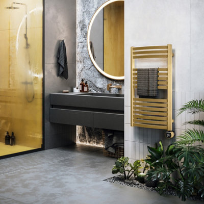 Terma Dexter Matt Brass Oil-Filled Electric Towel Radiator Heating Element & Veo Element Controller (H) 860Mm X (W) 400Mm