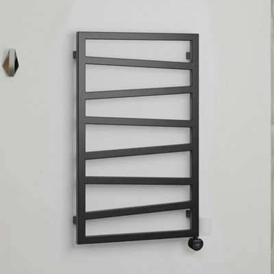 Terma Zig Zag Matt Heban Black Oil-Filled Electric Towel Radiator Heating Element & Veo Element Controller (H) 835Mm X (W) 500Mm