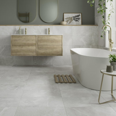 B&Q Moonstone Light Grey Matt Stone Effect Porcelain Indoor Wall & Floor Tile, Pack Of 7, (L)600Mm (W)300Mm