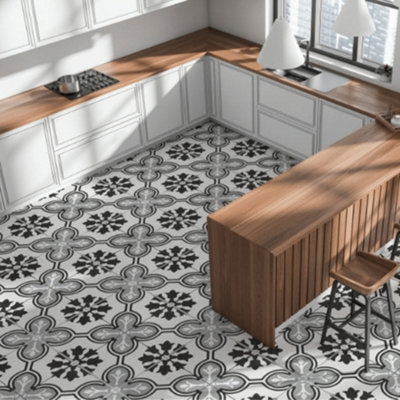 Ceramica Ellie Graphite Black & White Matt Patterned Vintage Effect Porcelain Indoor Wall & Floor Tile, Pack Of 7, (L)450Mm (W)450Mm