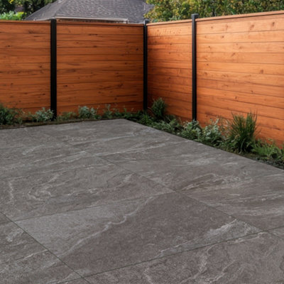 Duratile Designs River Charcoal Matt Natural Stone Effect Textured Porcelain Outdoor Floor Tile, Pack Of 1, (L)900Mm (W)600Mm