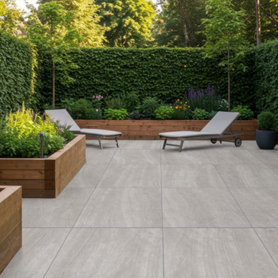 Duratile Designs Beck Silver Grey Matt Natural Stone Effect Textured Porcelain Outdoor Floor Tile, Pack Of 2, (L)600Mm (W)600Mm