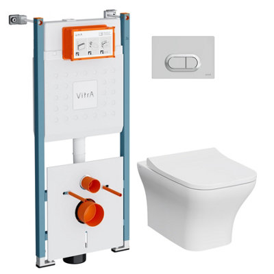 Vitra Koa White Rimless Slim Square Wall Hung Toilet Set With Soft Close Seat & Embedded Cistern & Frame