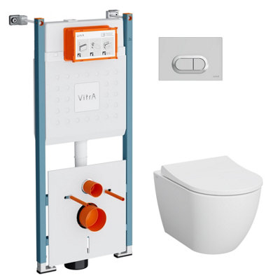 Vitra Koa White Rimless Slim Round Wall Hung Toilet Set With Soft Close Seat & Embedded Cistern & Frame