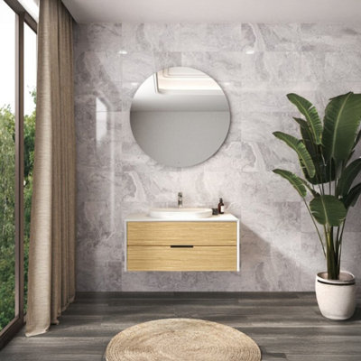 Kale Rockwell Grey Gloss Marble Effect Ceramic Indoor Wall Tile, Pack Of 6, (L)600Mm (W)300Mm